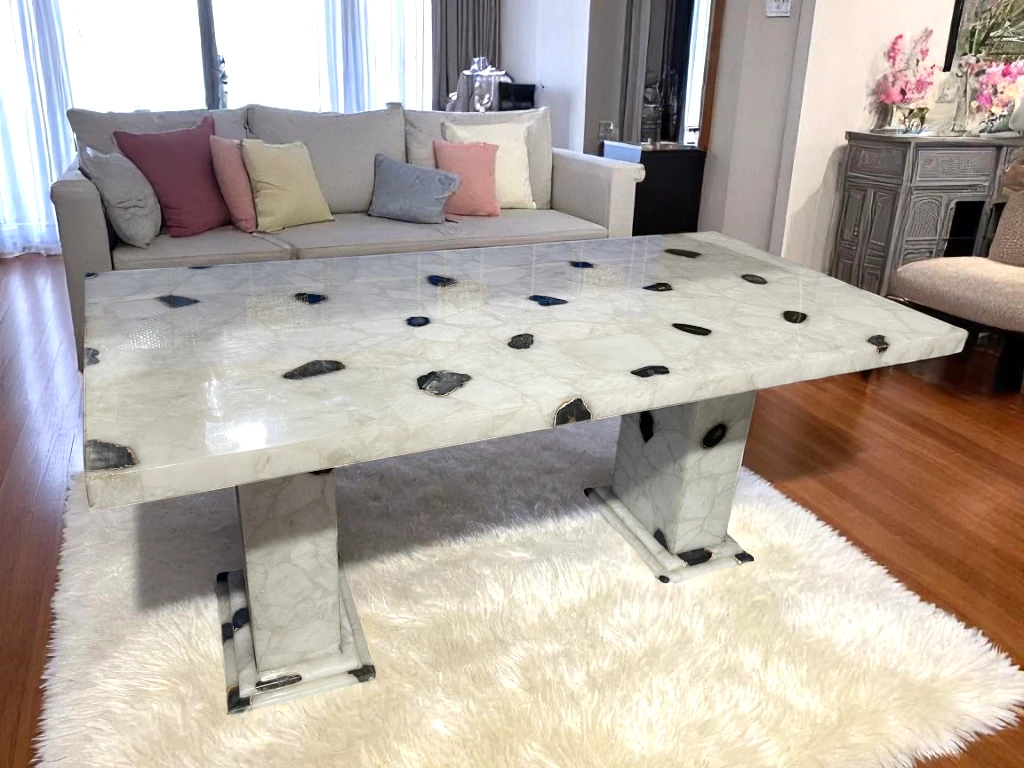 White Quartz Agate Dining Table Top Handmade Luxury Furniture